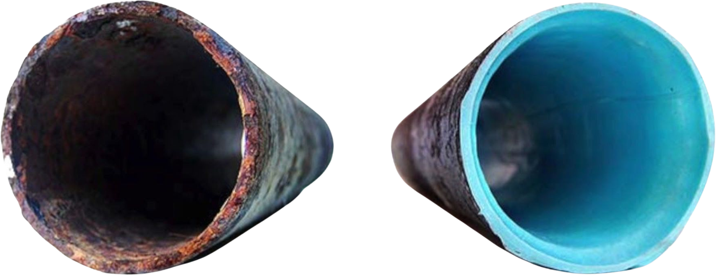 Cutaway of a relined pipe sealing out tree roots